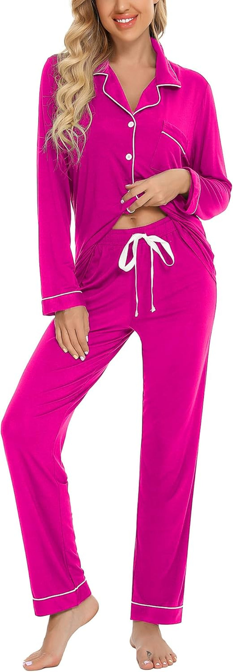 Pajamas for Women Soft Button up Pajama Set Long Sleeve Shirt and Pajama Pants Lounge Sets S-XXL