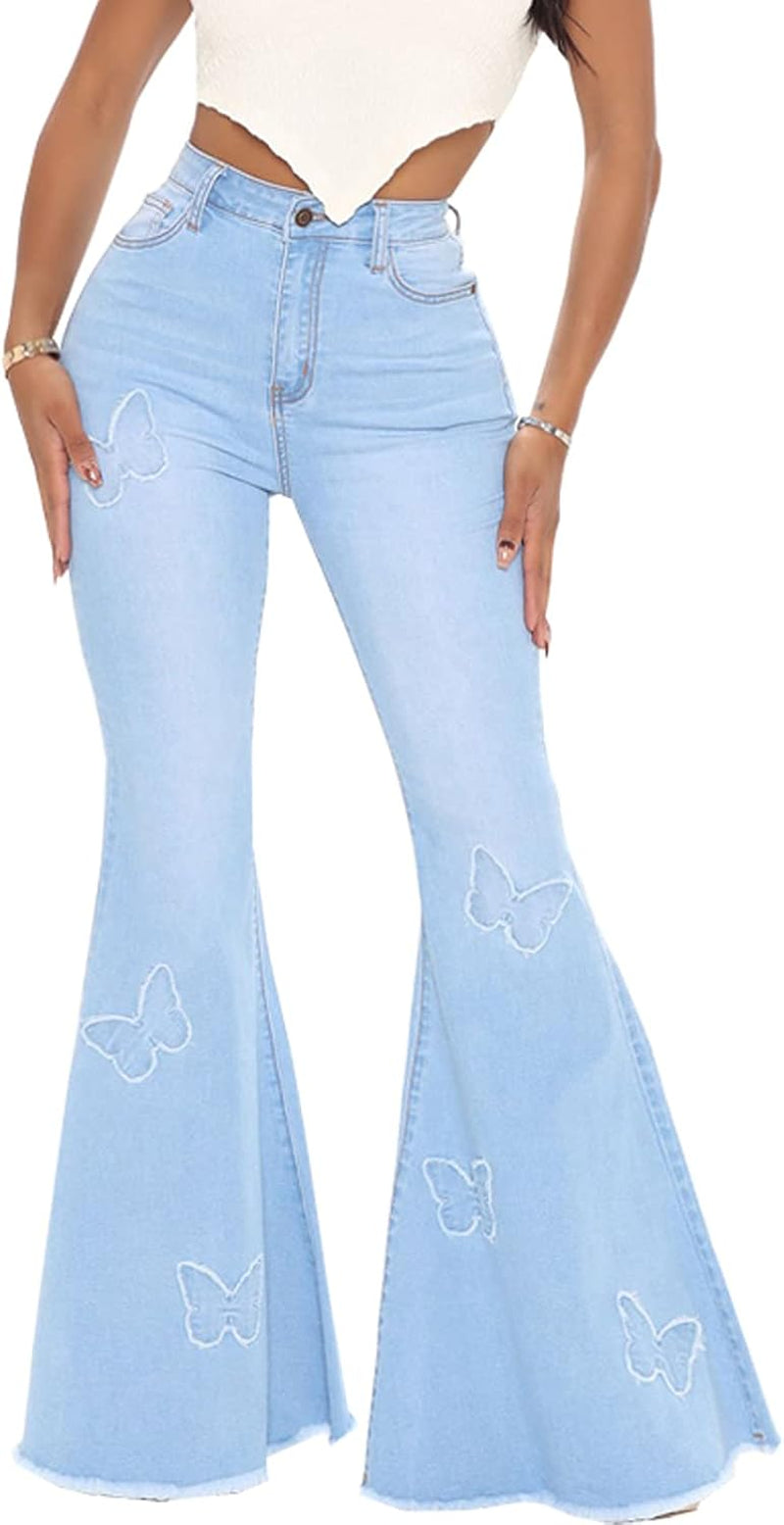 Bell Bottom Jeans for Women Vintage High Waisted Ripped Hole Raw Hem Denim Flare Jeans Pants