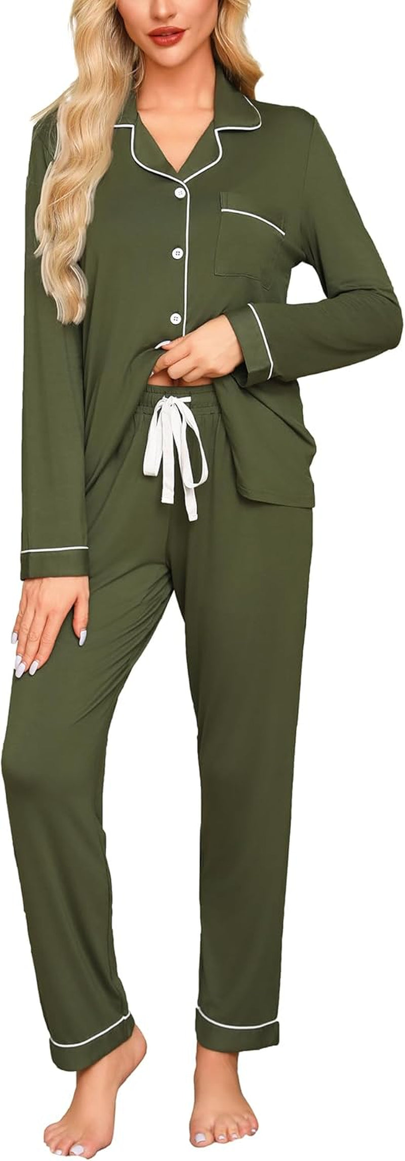 Pajamas for Women Soft Button up Pajama Set Long Sleeve Shirt and Pajama Pants Lounge Sets S-XXL