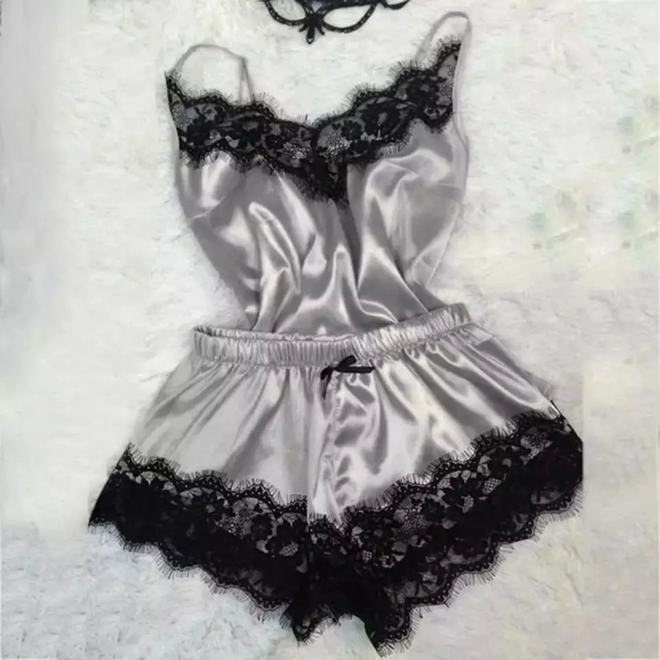 Fashion Sexy Lace Pajamas Set Women'S Underwear Sleeveless Silk Pajamas Spaghetti Strap Top + Shorts Pajamas 2PCS