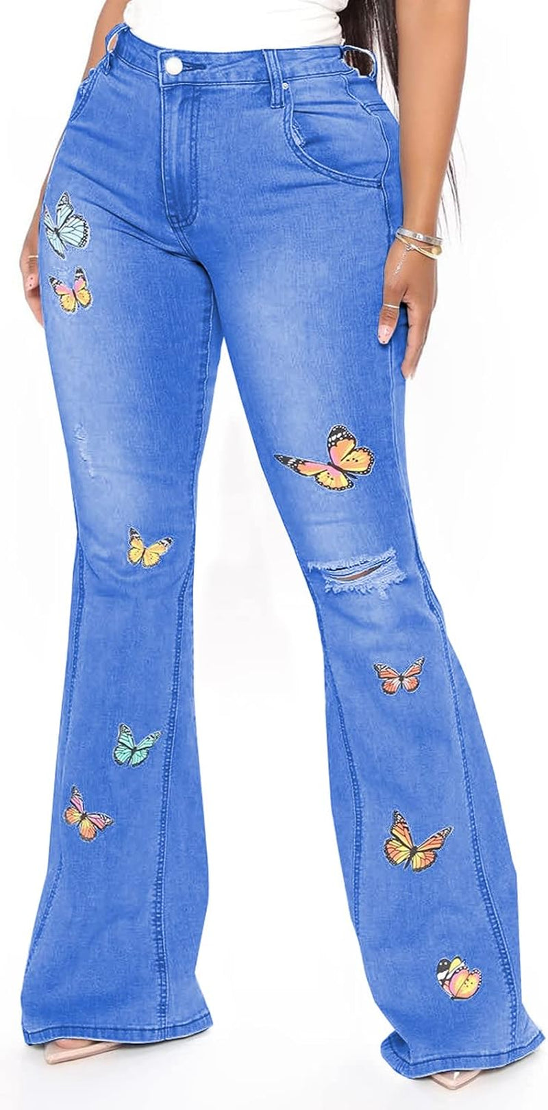 Bell Bottom Jeans for Women Vintage High Waisted Ripped Hole Raw Hem Denim Flare Jeans Pants