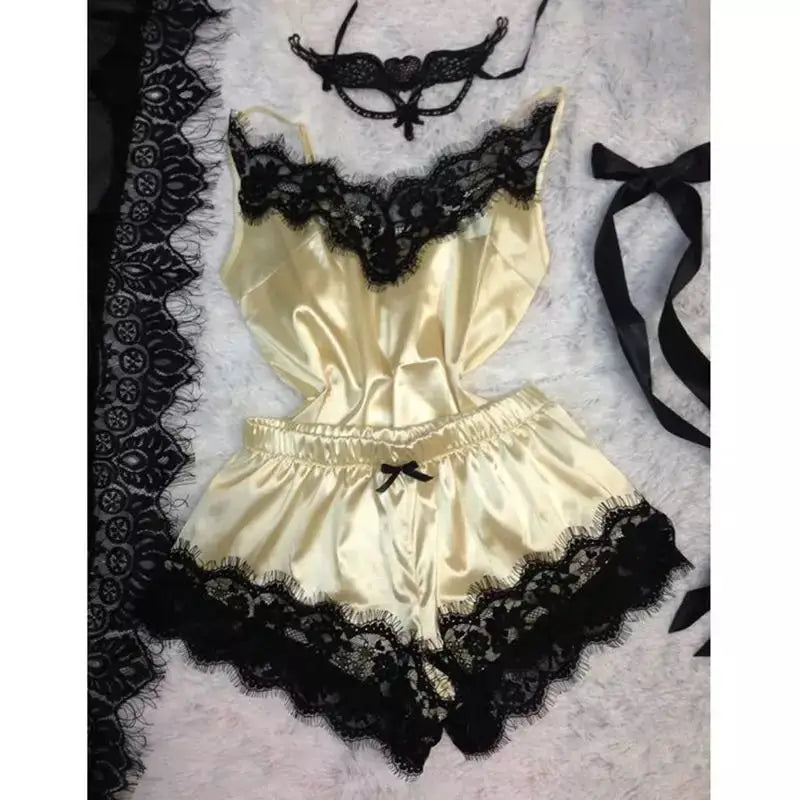 Fashion Sexy Lace Pajamas Set Women'S Underwear Sleeveless Silk Pajamas Spaghetti Strap Top + Shorts Pajamas 2PCS