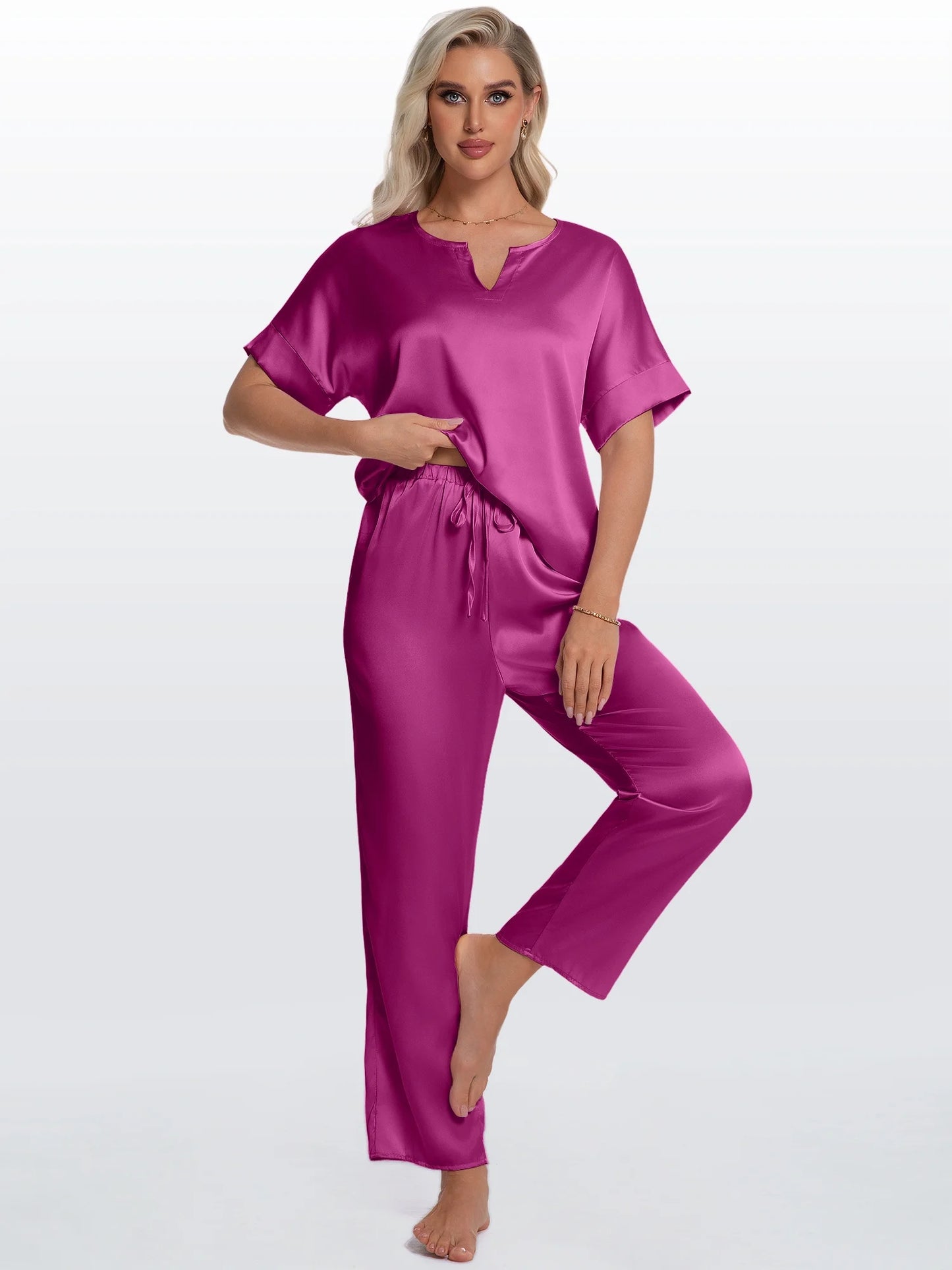 Womens Silk Satin Pajama Sets Short Sleeve Pjs V Neck Pajamas for Women with Long Pant S to XL