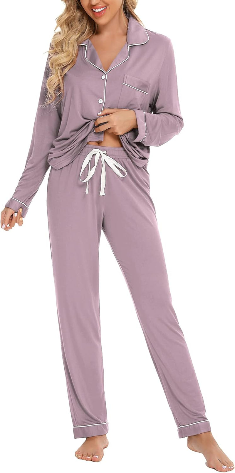 Pajamas for Women Soft Button up Pajama Set Long Sleeve Shirt and Pajama Pants Lounge Sets S-XXL
