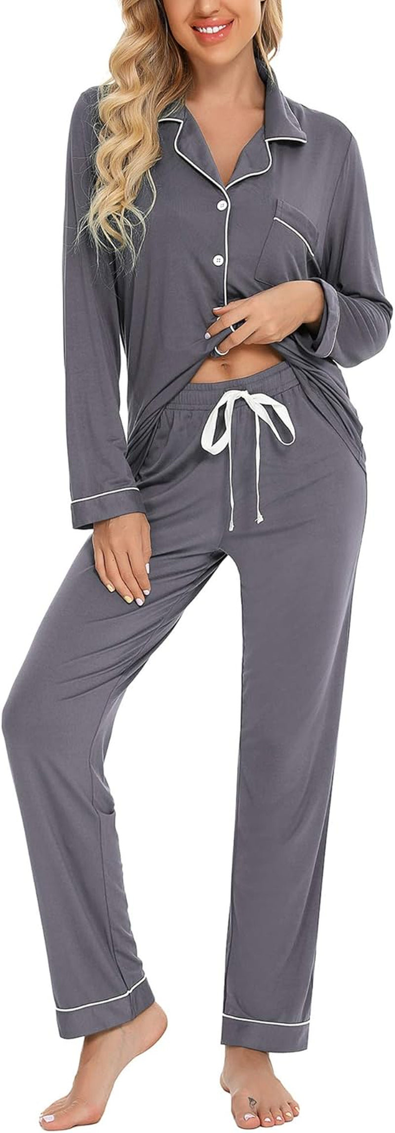 Pajamas for Women Soft Button up Pajama Set Long Sleeve Shirt and Pajama Pants Lounge Sets S-XXL