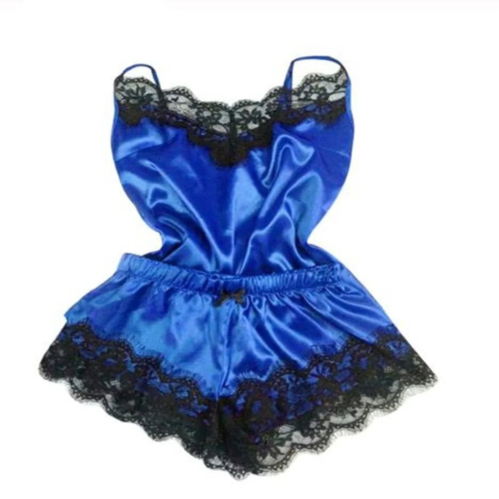 Fashion Sexy Lace Pajamas Set Women'S Underwear Sleeveless Silk Pajamas Spaghetti Strap Top + Shorts Pajamas 2PCS