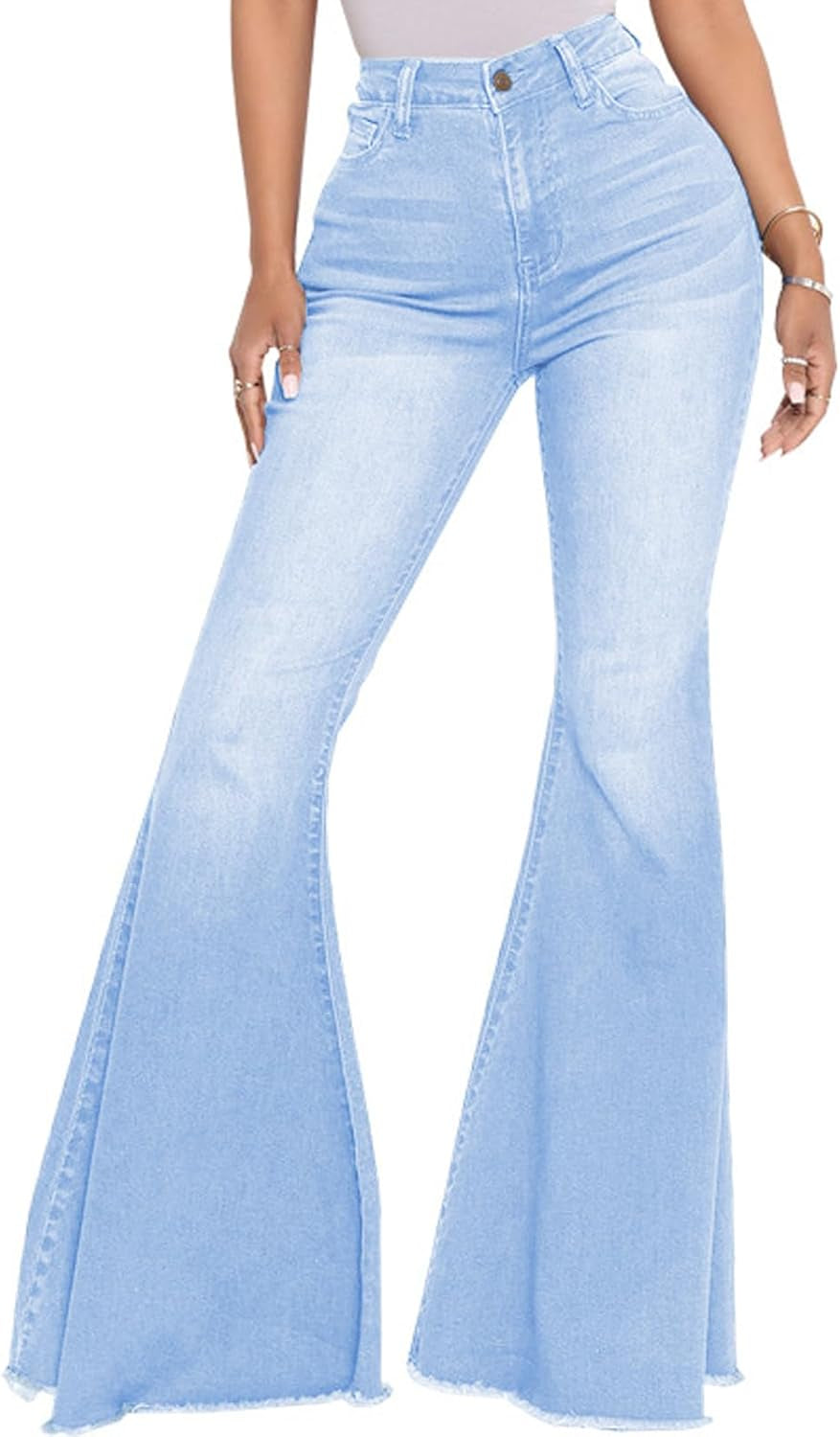 Bell Bottom Jeans for Women Vintage High Waisted Ripped Hole Raw Hem Denim Flare Jeans Pants