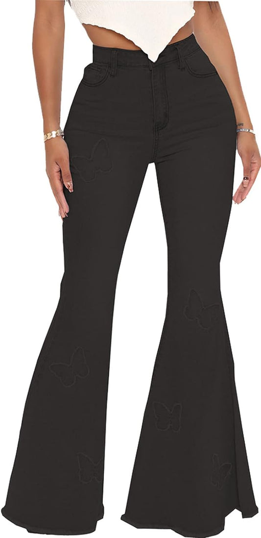 Bell Bottom Jeans for Women Vintage High Waisted Ripped Hole Raw Hem Denim Flare Jeans Pants