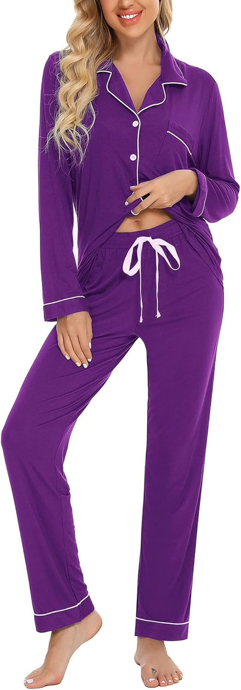 Pajamas for Women Soft Button up Pajama Set Long Sleeve Shirt and Pajama Pants Lounge Sets S-XXL