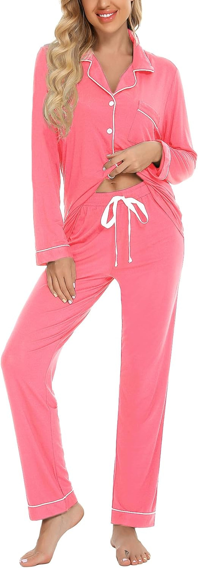 Pajamas for Women Soft Button up Pajama Set Long Sleeve Shirt and Pajama Pants Lounge Sets S-XXL