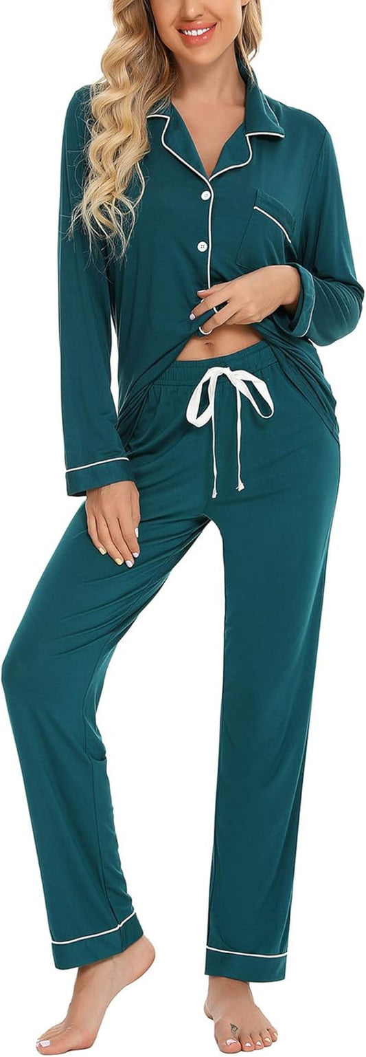 Pajamas for Women Soft Button up Pajama Set Long Sleeve Shirt and Pajama Pants Lounge Sets S-XXL