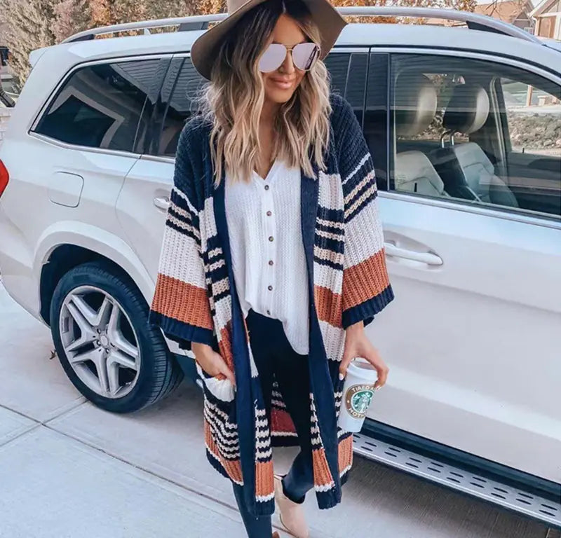 2020 Fall Winter Women's Striped Color Block Cardigan