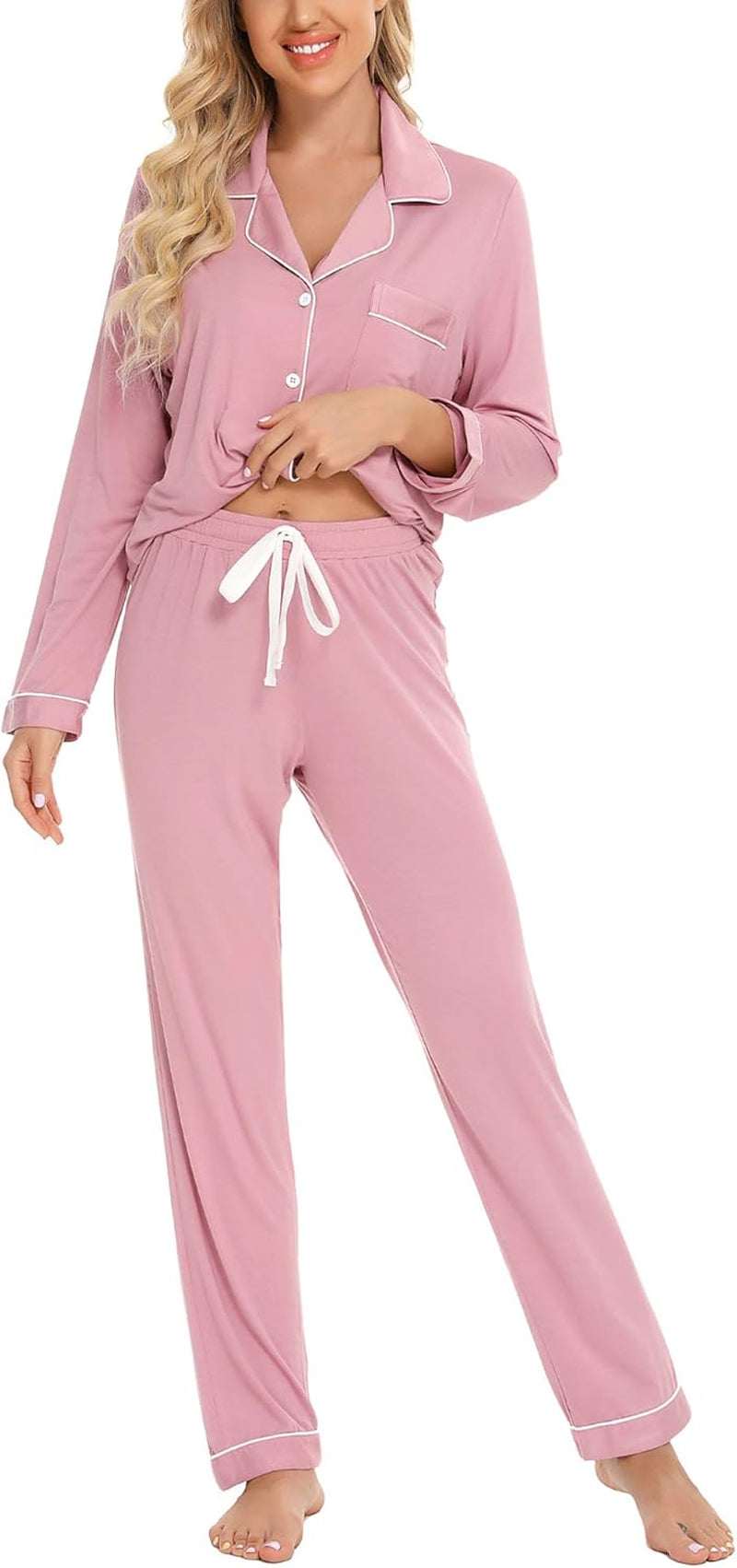 Pajamas for Women Soft Button up Pajama Set Long Sleeve Shirt and Pajama Pants Lounge Sets S-XXL