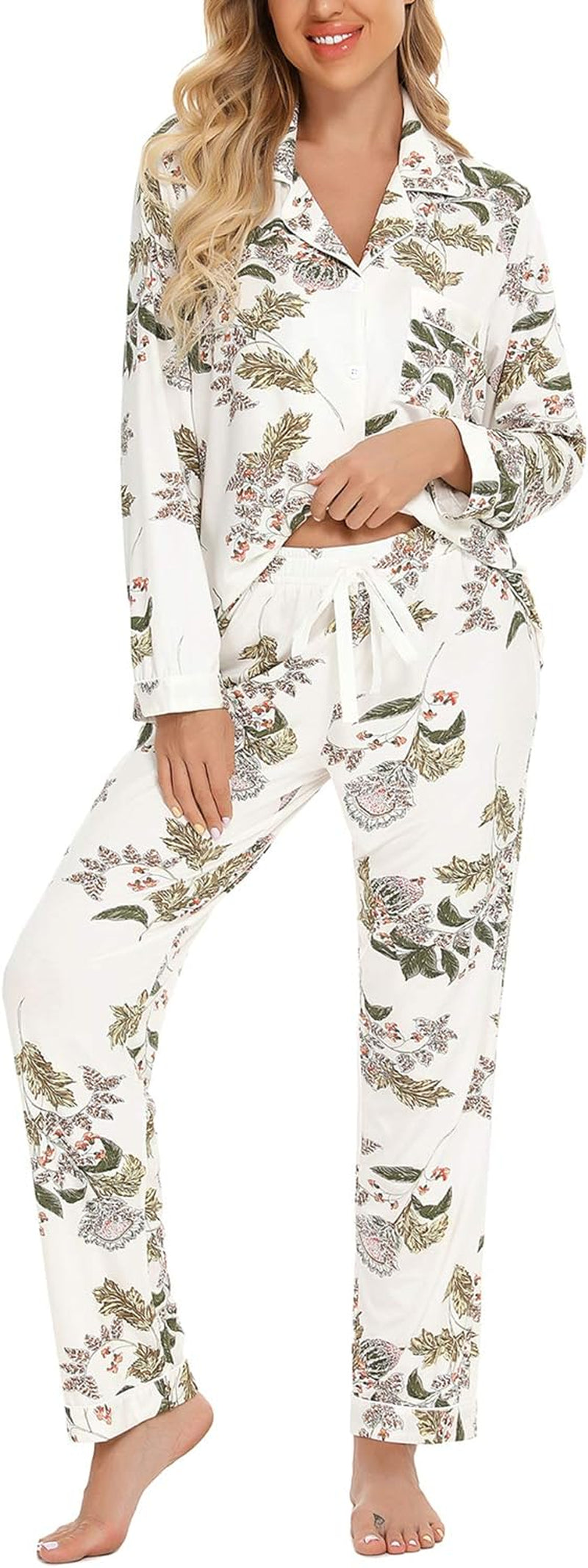 Pajamas for Women Soft Button up Pajama Set Long Sleeve Shirt and Pajama Pants Lounge Sets S-XXL