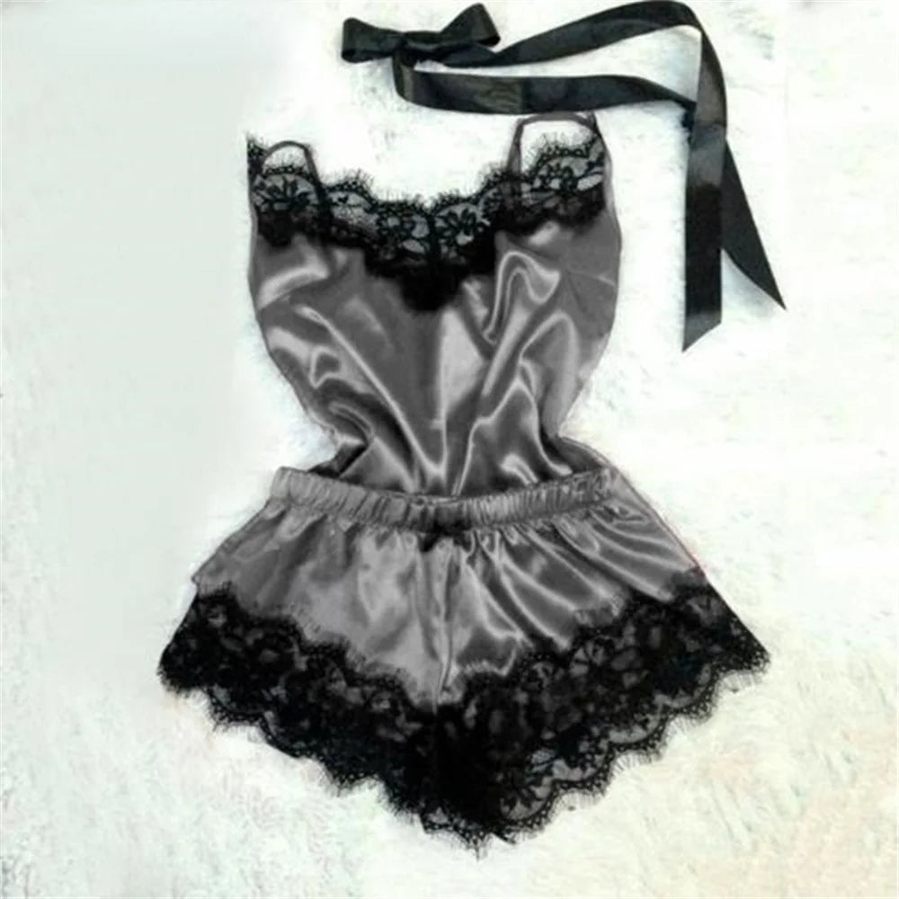 Fashion Sexy Lace Pajamas Set Women'S Underwear Sleeveless Silk Pajamas Spaghetti Strap Top + Shorts Pajamas 2PCS