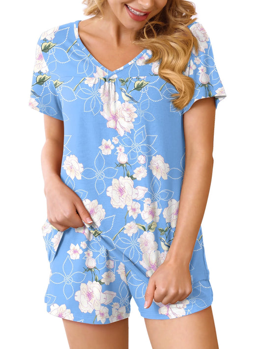 Summer Pajama Sets for Womens Shorts Soft Pj Set 2 Piece Sleepwear with Pockets
