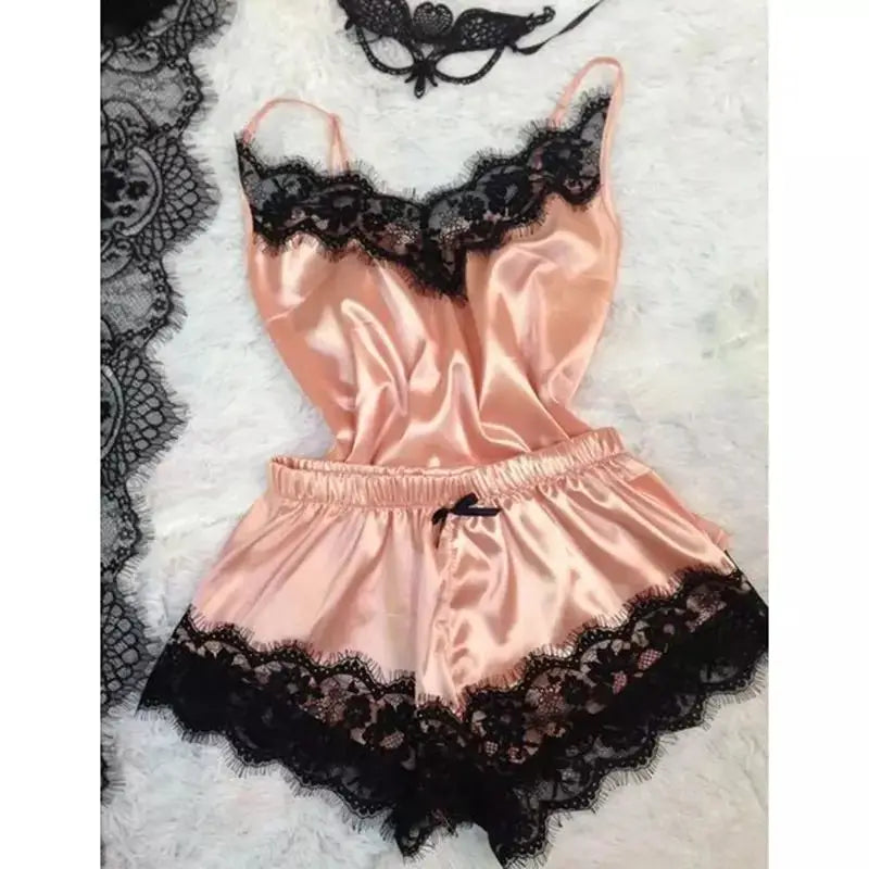 Fashion Sexy Lace Pajamas Set Women'S Underwear Sleeveless Silk Pajamas Spaghetti Strap Top + Shorts Pajamas 2PCS