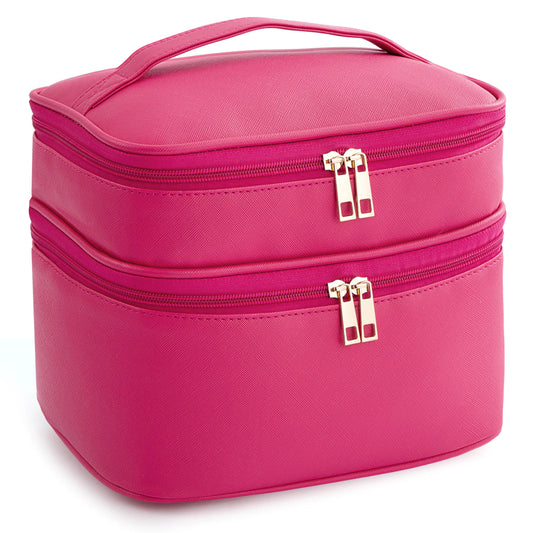 HBlife Double Layer Travel Makeup Bag Portable Cute Leather Cosmetic Bag Large Make Up Bag Makeup Case Organizer Toiletry Bag for Women Girls with Handle and Removable Divider(Hot Pink)