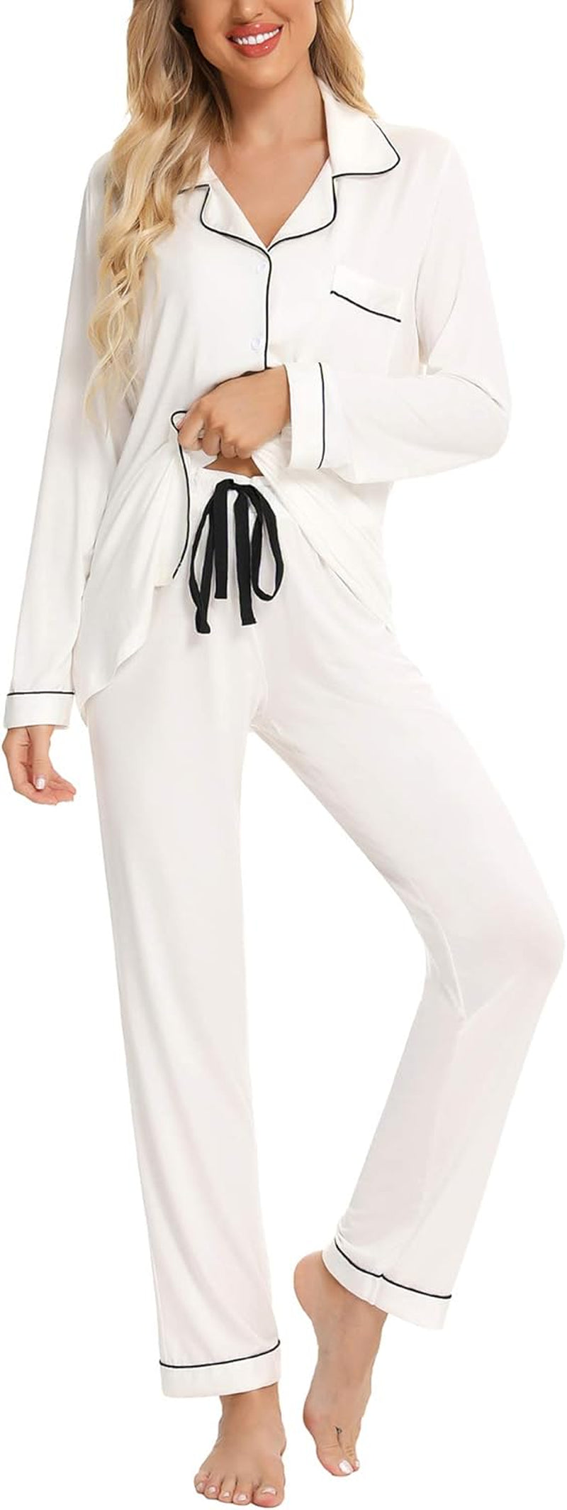 Pajamas for Women Soft Button up Pajama Set Long Sleeve Shirt and Pajama Pants Lounge Sets S-XXL