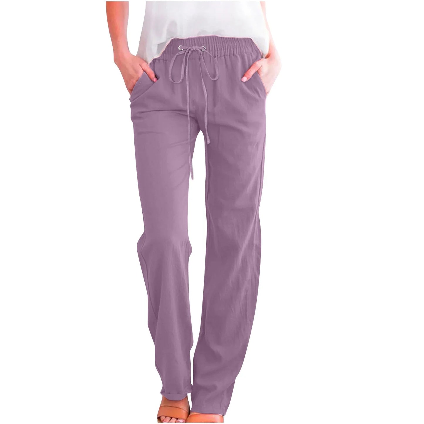 Linen Pants for Women Summer Casual Lightweight Drawstring Pants Women Straight Leg Pants Yoga Pants with Pocket for Women