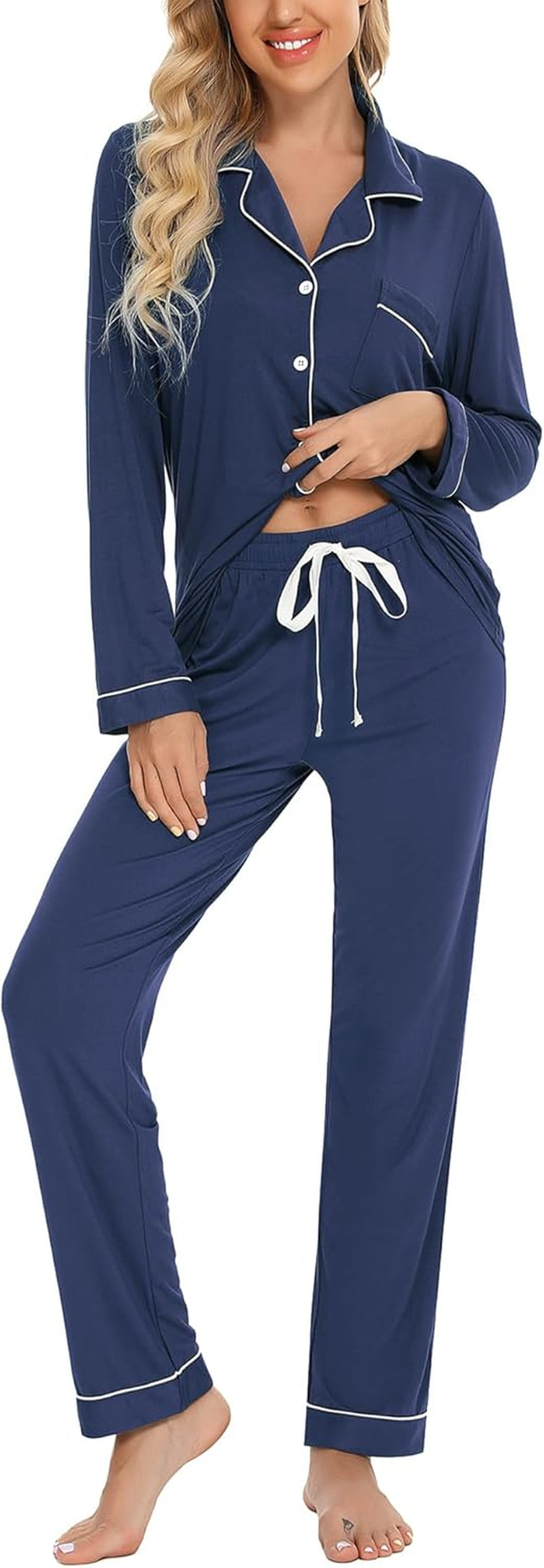 Pajamas for Women Soft Button up Pajama Set Long Sleeve Shirt and Pajama Pants Lounge Sets S-XXL
