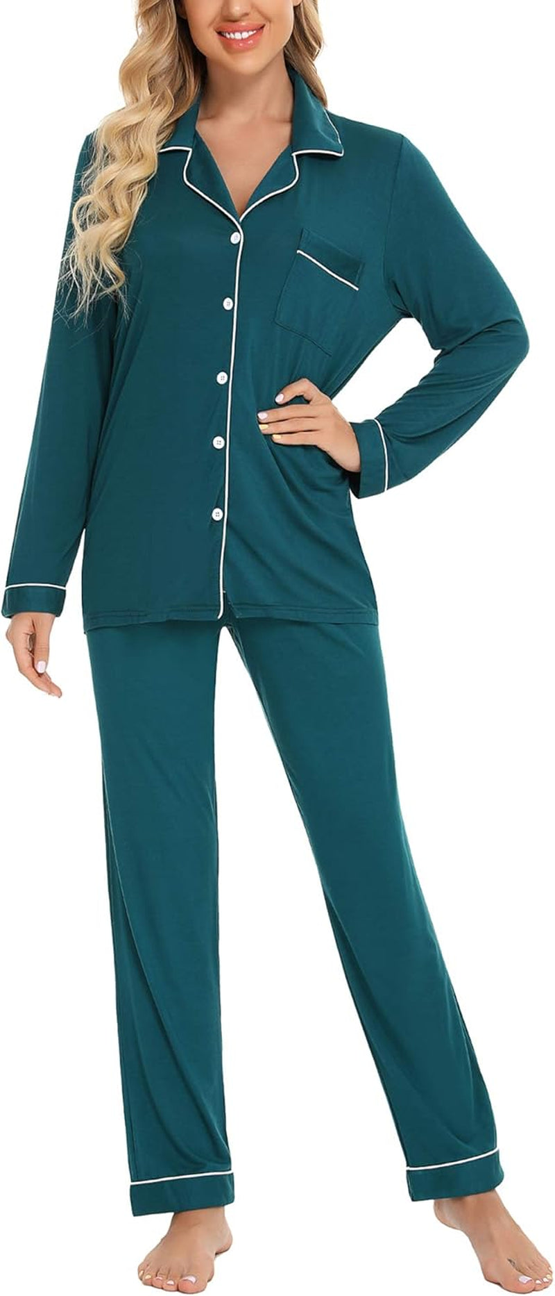 Pajamas for Women Soft Button up Pajama Set Long Sleeve Shirt and Pajama Pants Lounge Sets S-XXL
