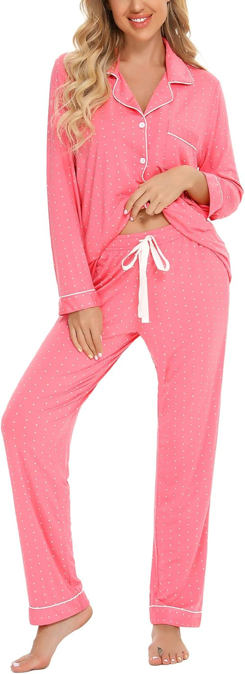 Pajamas for Women Soft Button up Pajama Set Long Sleeve Shirt and Pajama Pants Lounge Sets S-XXL