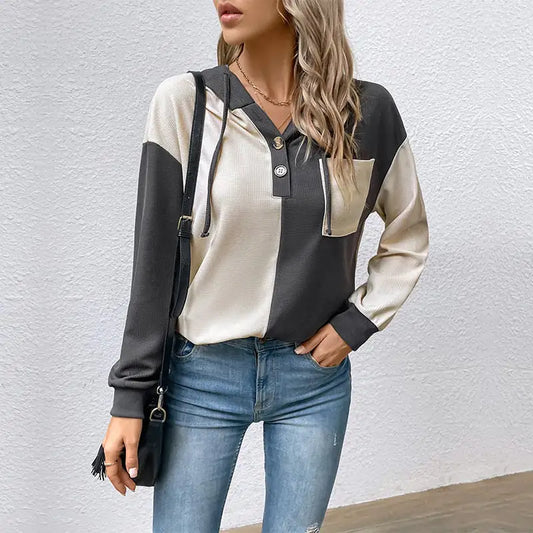Contrast Color Hooded Women's Sweater for Spring/Fall