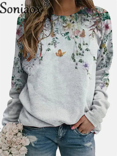 Women's Floral Print Crew Neck Sweatshirt - Fall 2023