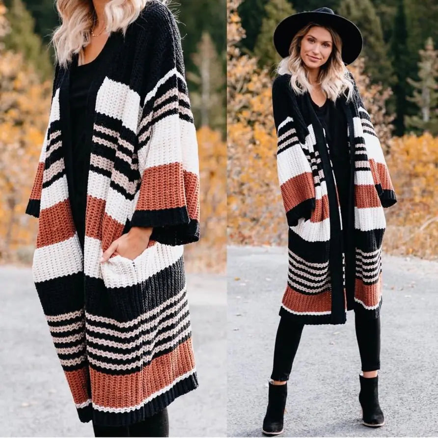 2020 Fall Winter Women's Striped Color Block Cardigan
