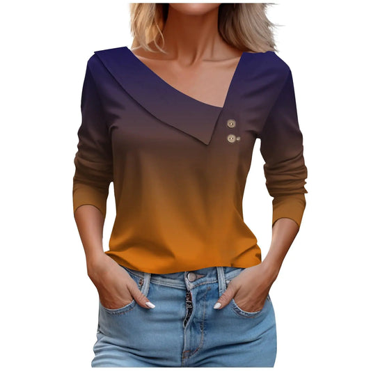 LRMQS Spring Tops for Women 2024 Trendy Casual Long Sleeve Asymmetric V Neck Button Blouses Dressy Woman Shirts Clothing Spring Tunics for Women 2024 peime March Sale Lighting Deals