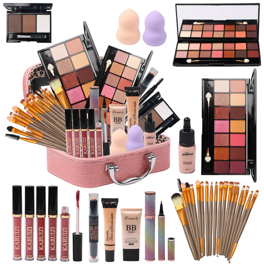 MTDXILTAI All in One Makeup Kit for Makeup storage bag 2X14 Colors Eyeshadow Palette Liquid Foundation Eyeliner Pencils Contouring Stick 20Pcs Makeup Brushes For Women Girls Teens (Pink)
