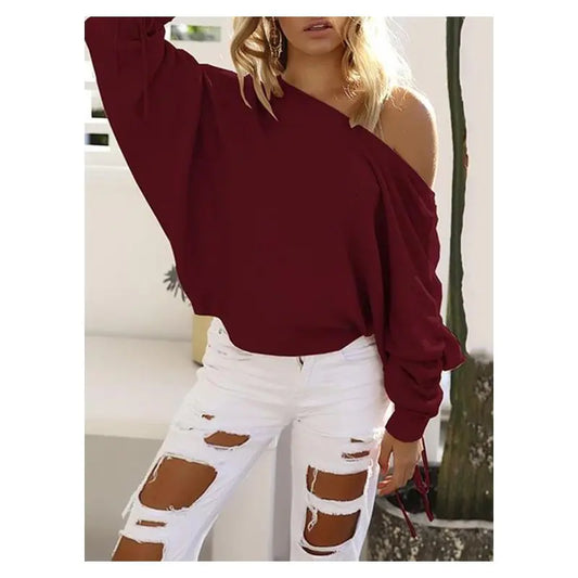 Fall Winter Off-Shoulder Ribbed Sweater Top