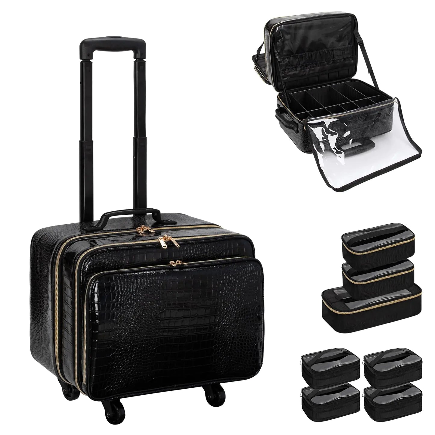 OCHEAL Rolling Makeup Train Casewith 7 Pcs Clear Makeup Bags 18" Carry On Travel Cosmetic Organizer SuitcaseExtra Large Storage Trolley Makeup Case On Wheels for Hairstylist Cosmetology Artist