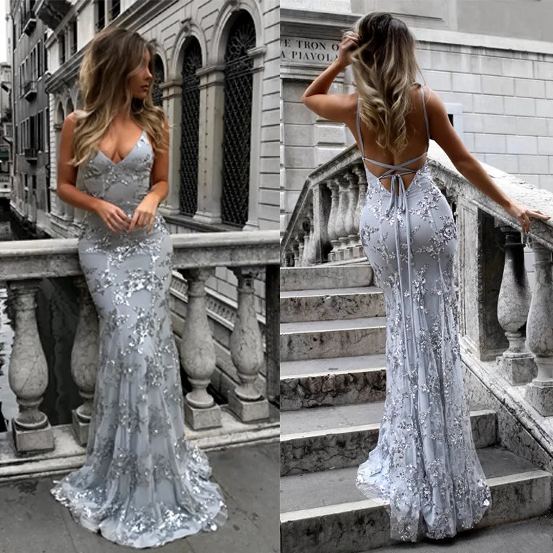 Women's Sleeveless V-Neck Sequined Formal Dress