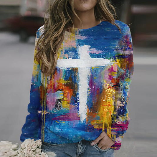Cross Print Long Sleeve Casual Women's Top