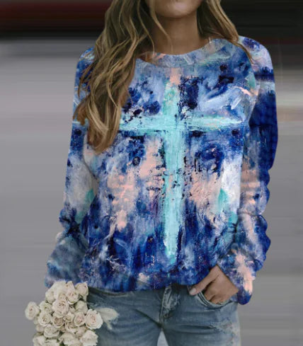 Cross Print Long Sleeve Casual Women's Top