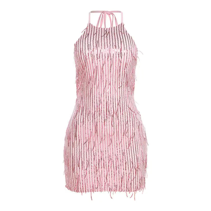 Halter Backless Sequin Tassel Dress for Women
