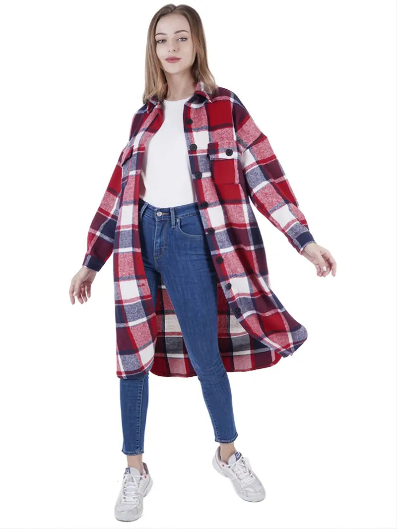 Women's Long Sleeve Plaid Shirt Jacket for Spring/Fall