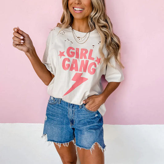 Casual Ripped Round Neck T-Shirt with Letter Print