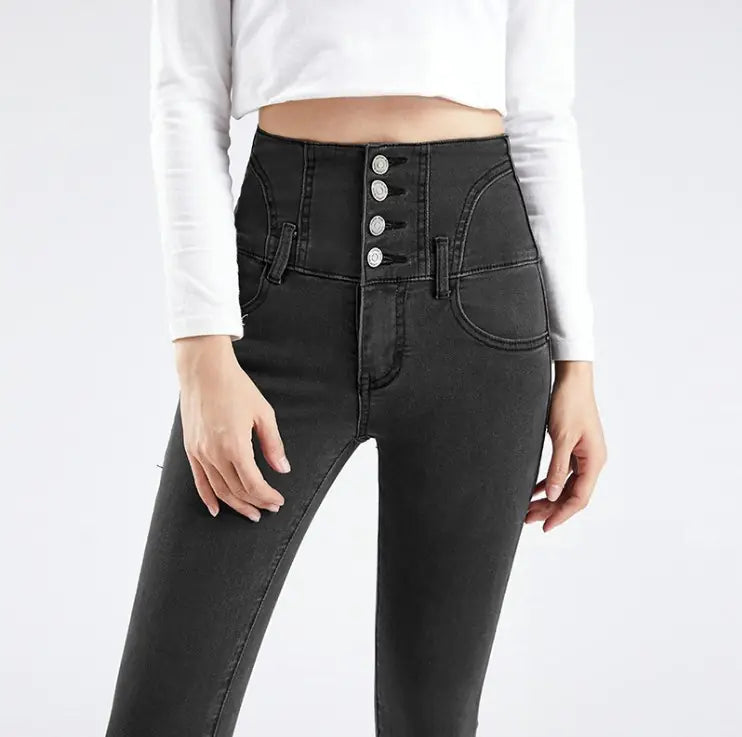 High-Waisted Skinny Jeans - Korean Style Women's Pants