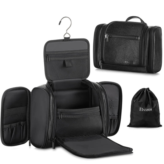Elviros Travel Hanging Toiletry Bag for Women and Men Large PU Leather Toiletries Organizer Water-resistant Bathroom Shaving Kit for Cosmetics Makeup Case (Extra Large Black)