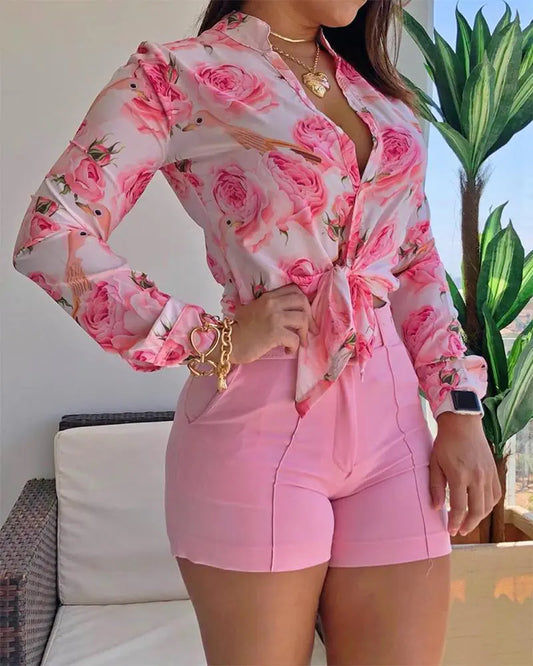 2020 Fall Winter Floral Print Long Sleeve Shirt for Women