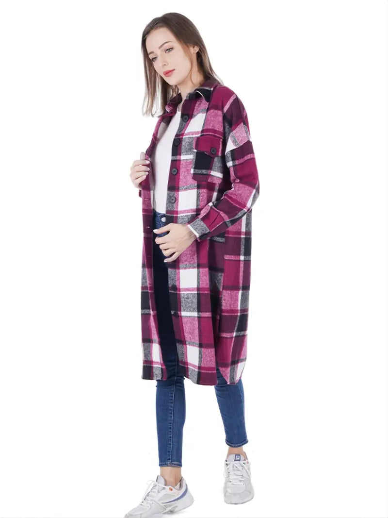 Women's Long Sleeve Plaid Shirt Jacket for Spring/Fall