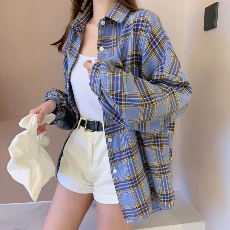 Lightweight Long Sleeve Plaid Shirt for Women