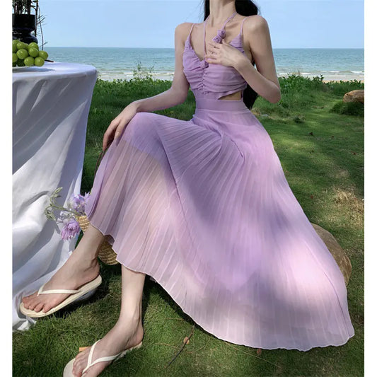 Purple Pleated Backless Sling Dress for Women