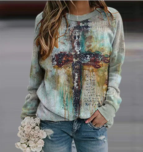 Cross Print Long Sleeve Casual Women's Top