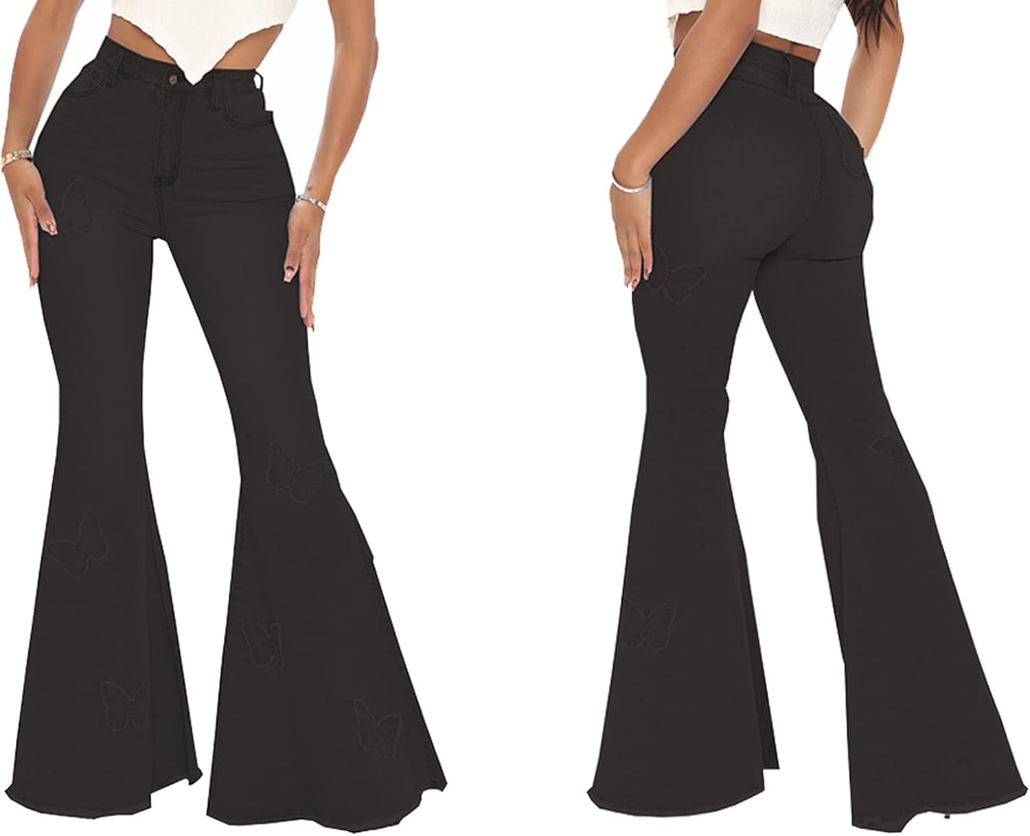 Bell Bottom Jeans for Women Vintage High Waisted Ripped Hole Raw Hem Denim Flare Jeans Pants
