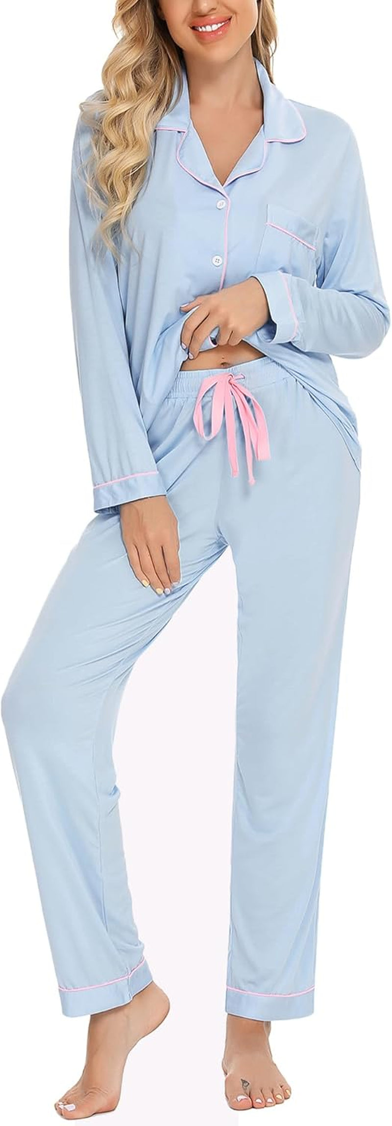 Pajamas for Women Soft Button up Pajama Set Long Sleeve Shirt and Pajama Pants Lounge Sets S-XXL
