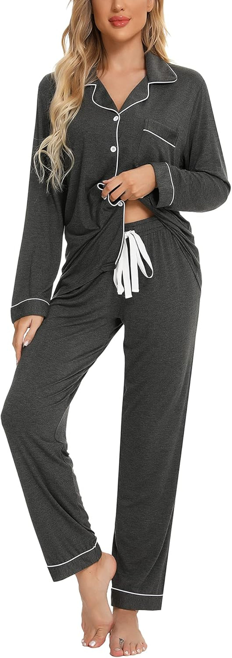 Pajamas for Women Soft Button up Pajama Set Long Sleeve Shirt and Pajama Pants Lounge Sets S-XXL